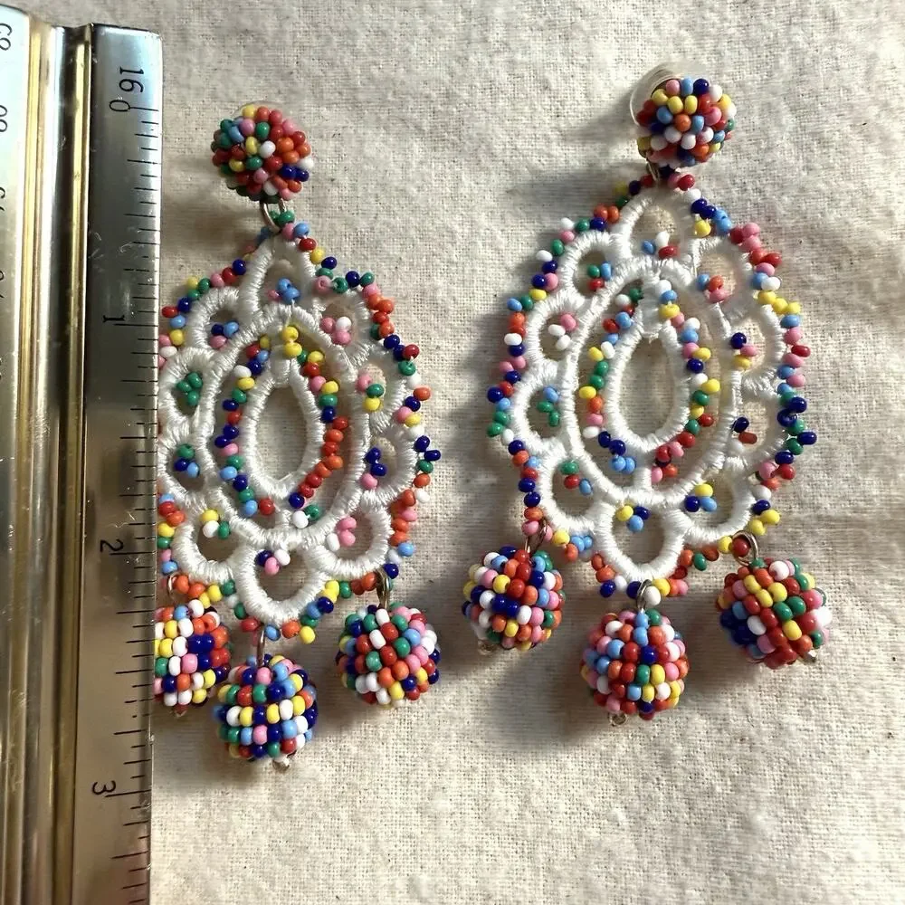 J.Crew Multicolored Glass Seed Bead Crochet Medallion Statement Dangle Earrings